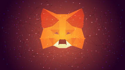 Wall Mural - MetaMask logo sign on polygonal wireframe red background. Crypto wallet for Defi, Web3 Dapps and NFTs.