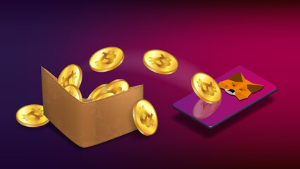 Wall Mural - Cryptocurrency wallet with Bitcoin coins which fly to isometric cellphone with MetaMask logo on purple background. Crypto wallet for Defi, Web3 Dapps and NFTs.