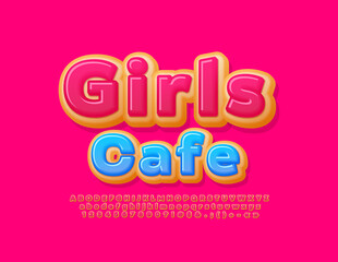 Wall Mural - Vector stylish logo Girls Cafe. Delicious Donut Font. Pink Glazed Donut Alphabet Letters and Numbers