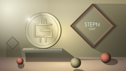 Wall Mural - stepn gmt coin in front view with balls on floor and frames on wall in 3d style. website header or b