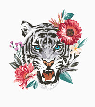 Angry White Tiger Face In Colorful Flowers Wreath Vector Illustration
