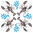Watercolor pattern set of sea lobsters and blue corals