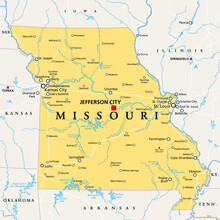 Missouri, MO, Political Map, With Capital Jefferson City, And Largest Cities, Lakes And Rivers. State In Midwestern Region Of United States, Nicknamed Show Me State, Cave State And Mother Of The West.