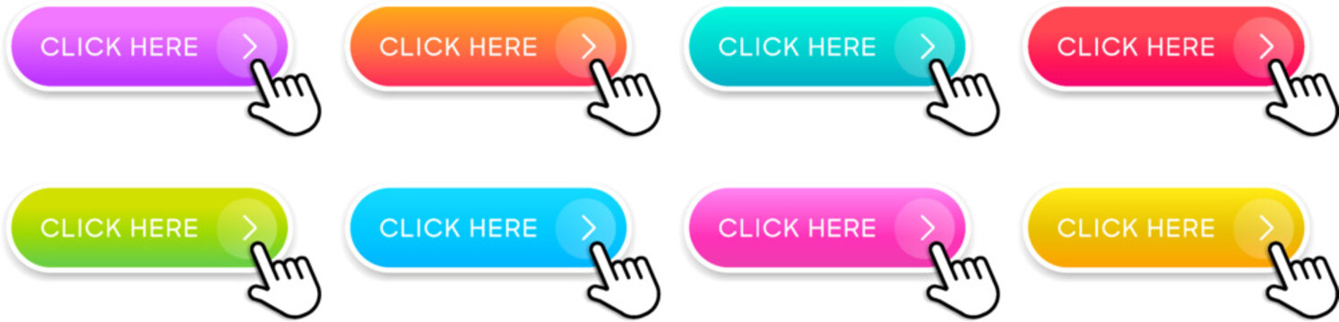 Click here web buttons with hand cursor. Set of action button click here with arrow pointer. Click button. Modern action button mouse click symbol. Computer mouse click cursor or Hand pointer symbol.