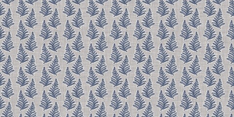 French blue botanical leaf linen seamless border with 2 tone country cottage style motif. Simple vintage rustic fabric textile effect. Primitive modern shabby chic kitchen cloth design.