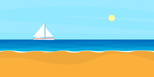 Daytime Landscape With A Seashore, Past Which A Sailboat Passes. Vector Image In A Flat Style.