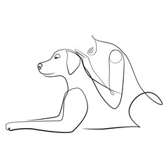 Wall Mural - Woman with dog one line drawing on white isolated background