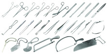 Surgical Instruments Set. Tweezers, Scalpels, Plaster And Bone Saws,  Amputation And Plaster Knives, Microsurgical Forceps And Clamps, Hook, Needle. Large Collection Of Hand Metal Tools. Vector