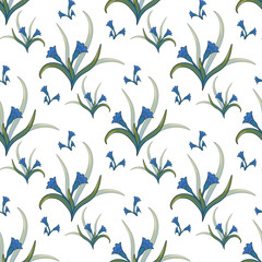 Wall Mural - Seamless floral pattern. Delicate spring blue leaf sprig with blooming flowers. Amazing ethnic plant swirls for textile. Vintage provence print