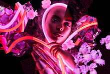 Portrait Collage Of Afro Woman With Pink Neon Light And Flowers Around Face