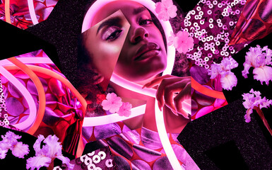 Portrait collage of african woman with pink neon light and flowers around face