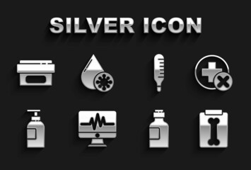 Sticker - Set Monitor with cardiogram, Cross hospital medical, X-ray shots, Bottle of medicine syrup, Hand sanitizer bottle, Medical thermometer, Ointment cream tube and Blood test virus icon. Vector