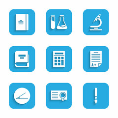 Poster - Set Calculator, Certificate template, Paint brush, Exam sheet with A plus grade, Acute angle, Book, Microscope and Spiral notebook icon. Vector