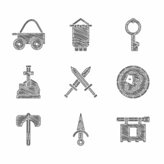 Canvas Print - Set Crossed medieval sword, Dagger, Street signboard with Bar, Ancient coin, Medieval axe, Sword the stone, Old key and Wooden four-wheel cart icon. Vector