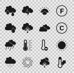 Poster - Set Meteorology thermometer, Sun, Celsius, Sunrise, Cloud with snow, rain, and icon. Vector