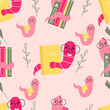 Bookworm.Hand-drawn educational seamless pattern bookworm and books.Drink coffee and read books .  Cartoon style