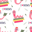 Bookworm.Hand-drawn educational seamless pattern bookworm and books.Drink coffee and read books .  Cartoon style