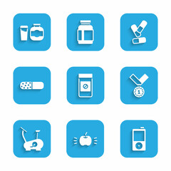 Sticker - Set Anabolic drugs, Apple, Music player, Medal, Stationary bicycle, Vitamin pill, and Sports nutrition icon. Vector