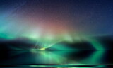 green blue Aurora Borealis on starry sky northern sea wave reflection nature nebula cosmic starry background