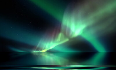 green blue aurora borealis on starry sky northern sea wave reflection nature nebula cosmic starry ba