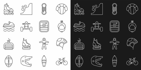 Sticker - Set line Bicycle, Helmet, and action camera, Climber rope, ATV motorcycle, Jet ski, Roller skate and First aid kit icon. Vector