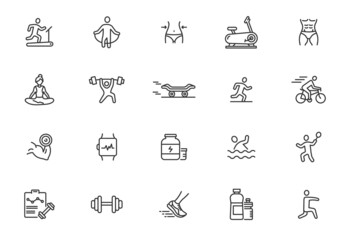 Health sport fitness line icon set. Workout healthy food energy training muscle personal plan icon set
