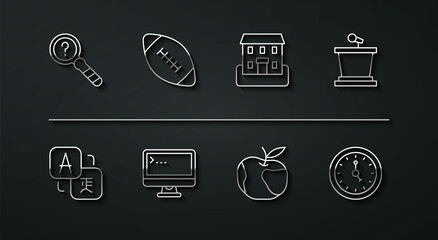 Wall Mural - Set line Unknown search, Translator, Stage stand, Apple, Computer monitor, American football ball, Clock and School building icon. Vector