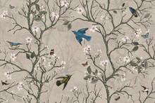 Wallpaper Of Flowers, Leaves And Branches With Birds And Beige Background.