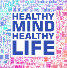 healthy mind, healthy life word cloud conceptual design isolated on white background.