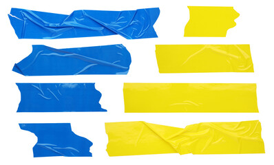 Sticker - Set with pieces of blue and yellow adhesive tapes on white background, top view