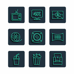 Sticker - Set line Paper glass with water, Popcorn in cardboard box, Cinema chair, Old film movie countdown frame, Stereo speaker, Film reel, Retro tv and Hd movie, tape, icon. Vector