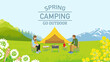 Young family enjoying camp in spring nature - Included words