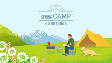 Young Man And His Dog Enjoying Camp In Spring Nature - Included Words
