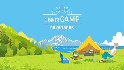 young woman enjoying camp in summer nature - included words