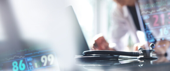 Wall Mural - Medical technology network concept. Medicine doctor working on laptop computer with medical network connection with modern virtual screen interface