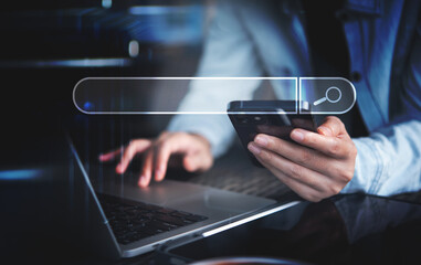 Wall Mural - data search technology search engine optimization seo concept. business woman hand using laptop comp