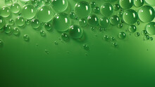 Green Background With Liquid Droplets On Surface. Contemporary Banner With Copy-Space.