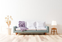 Living Room Interior Mockup With Blue Sofa And Purple Throw Blanket Standing By Tree On Empty White Wall Background. 3D Rendering. An Illustration
