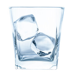 Ice cubes in Glass. Whiskey, Bourbon or Brandy Glass. Real ice cube. Empty Glass for Alcohol Drink. Frozen water. Ice maker for freeze water. Fake Artificial acrylic or plastic clear ice cubes.