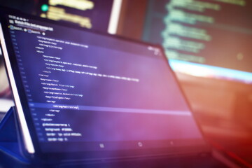Monitor closeup of function source code. Abstract IT technology background. Software source code.