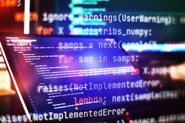 monitor closeup of function source code. abstract it technology background. software source code.