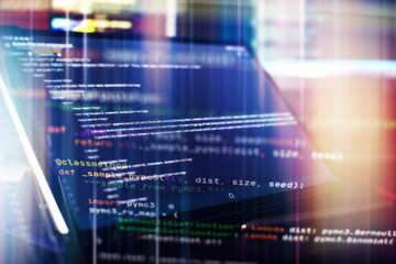 Wall Mural - monitor closeup of function source code. abstract it technology background. software source code.