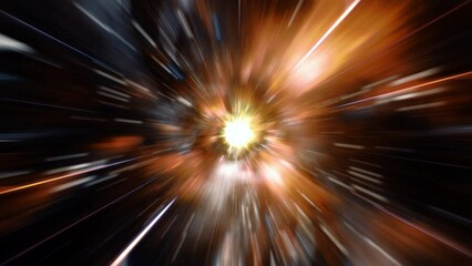 Wall Mural - loop abstract jump in center star burst in hyperspace tunnel. space travel flight in glow yellow ora
