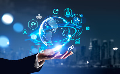 Businessman hand with earth sphere and digital icons, New York cityscape
