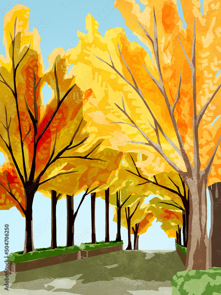 秋の色づいた紅葉銀杏並木の手描き水彩風イラスト の Stock イラスト