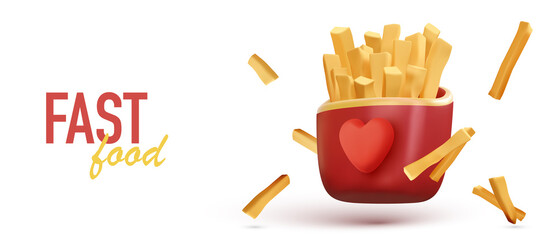 Fast food banner with 3d realistic French fries in love package. Vector illustration