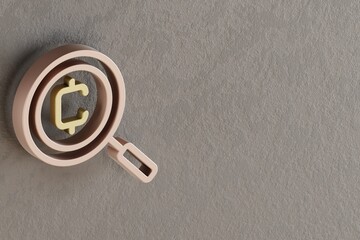 Leinwandbilder - Beautiful abstract illustrations Golden Cryptocurrency Coin Search symbol icons on a gray wall background. 3d rendering illustration. Background pattern for design.