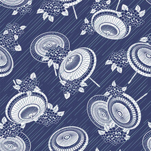 A Seamless Pattern Of Rain Lines And Japanese Umbrellas,