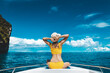 Traveler asian bikini woman relax and travel in boat on sea Phuket Thailand