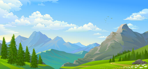 Wall Mural - a landscape consisting of a range of large mountains overlooking the vast meadows.